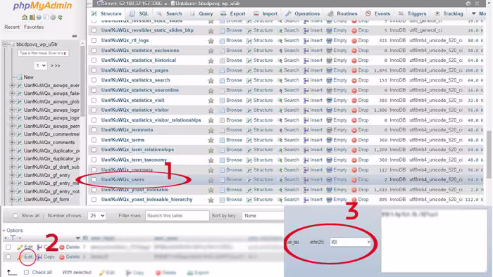 تغییر رمز عبور از طریق phpMyAdmin